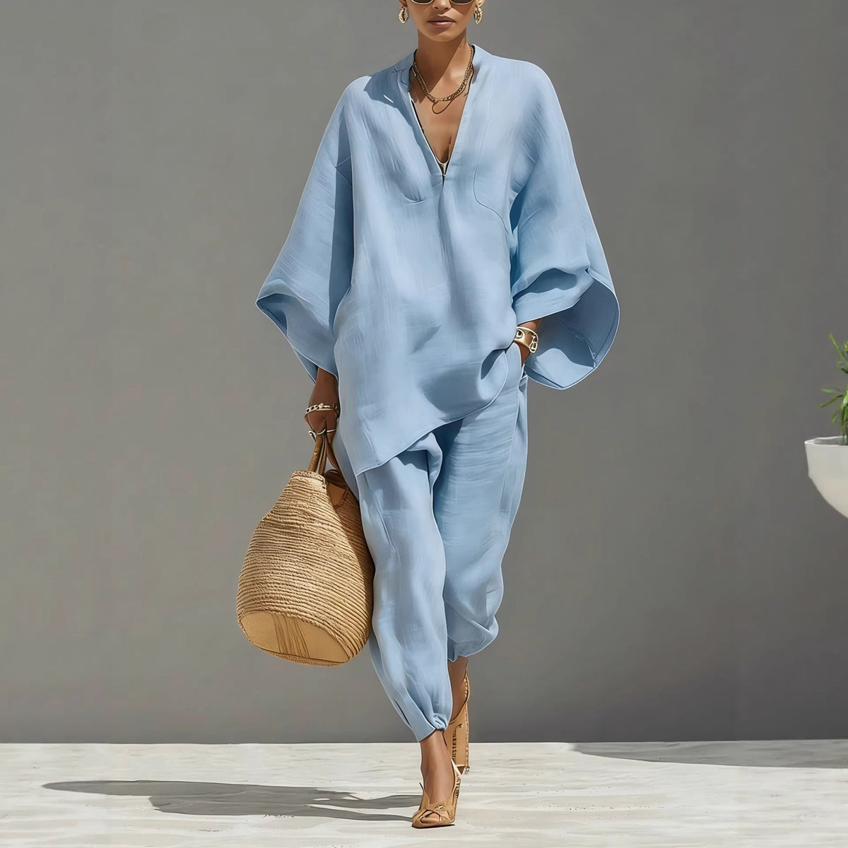 Emilie's Boutique ™ V-neck batwing-sleeve top and trousers set
