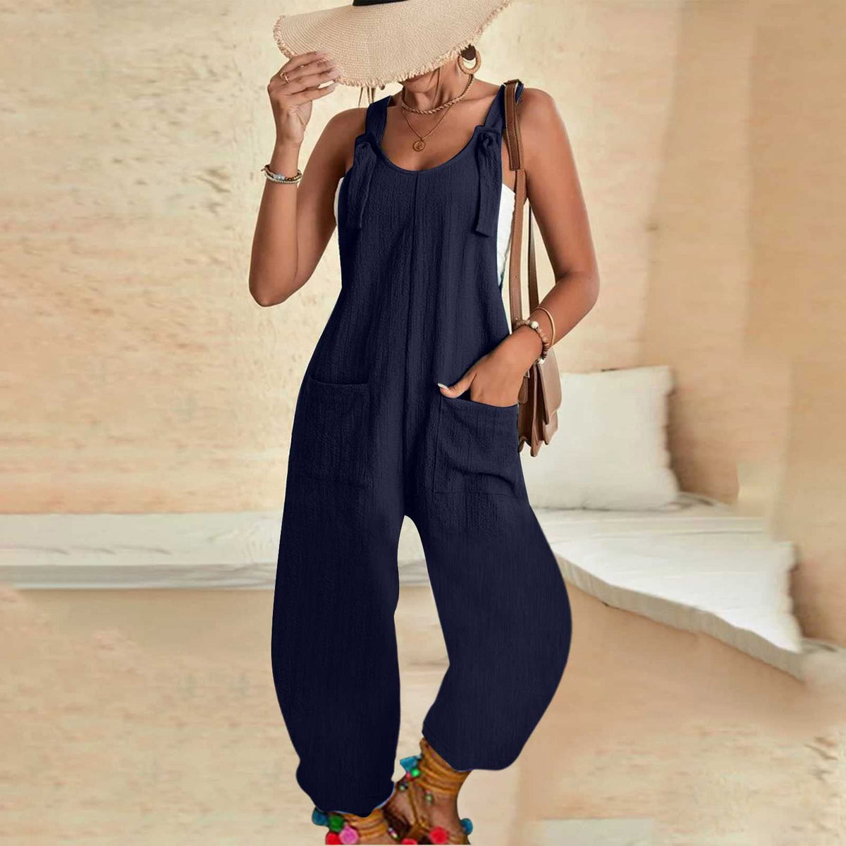 Emilie's Boutique ™ Lace-up loose sleeveless overalls