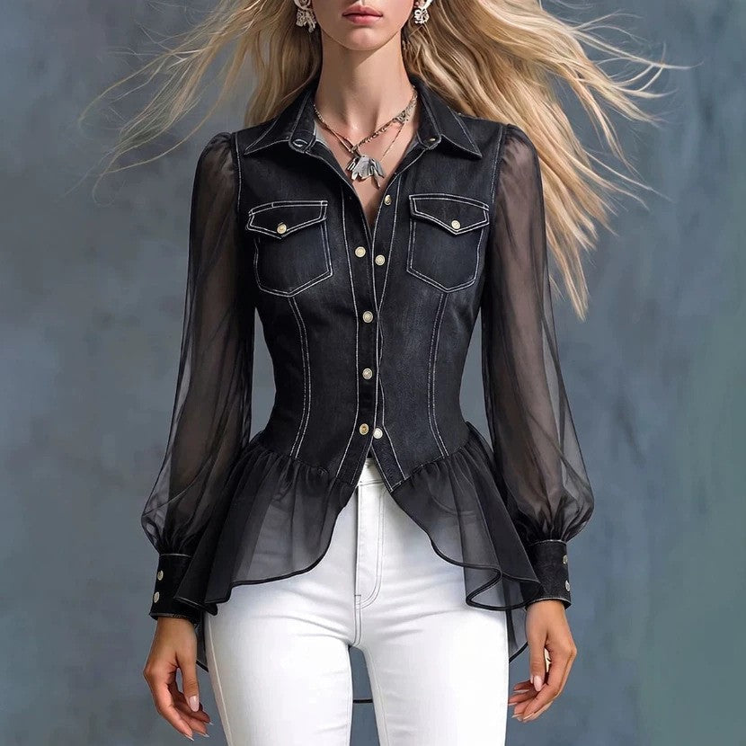Emilie's Boutique ™ Mesh-paneled ruffled denim shirt