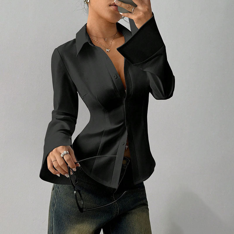 Emilie's Boutique ™ Slim-fit V-neck waist-cinching long-sleeved shirt