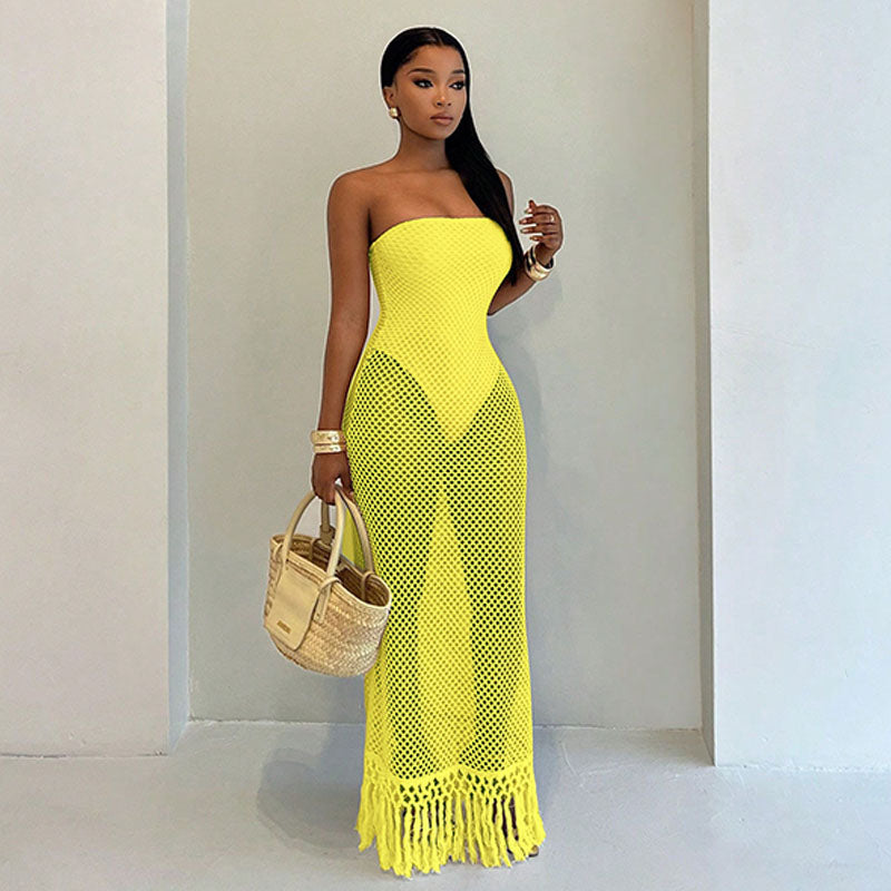 Emilie's Boutique ™  Form-fitting knitted mesh strapless maxi dress
