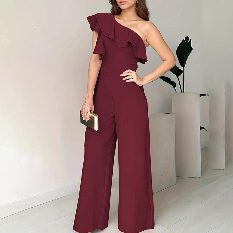 Emilie's Boutique ™ One-shoulder ruffled high-waisted wide-leg jumpsuit