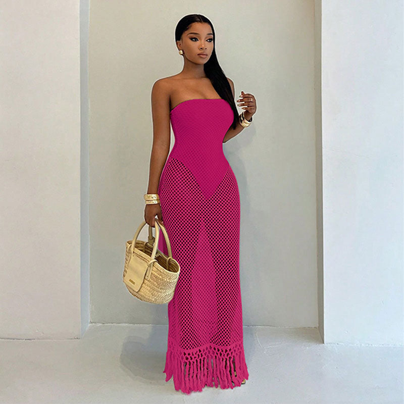 Emilie's Boutique ™  Form-fitting knitted mesh strapless maxi dress