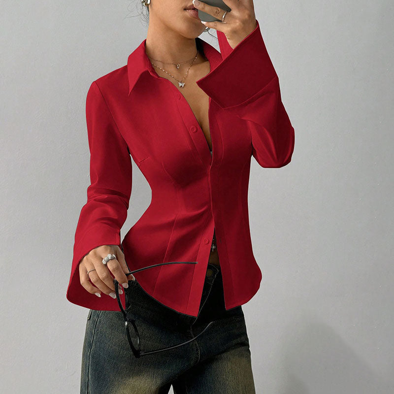Emilie's Boutique ™ Slim-fit V-neck waist-cinching long-sleeved shirt