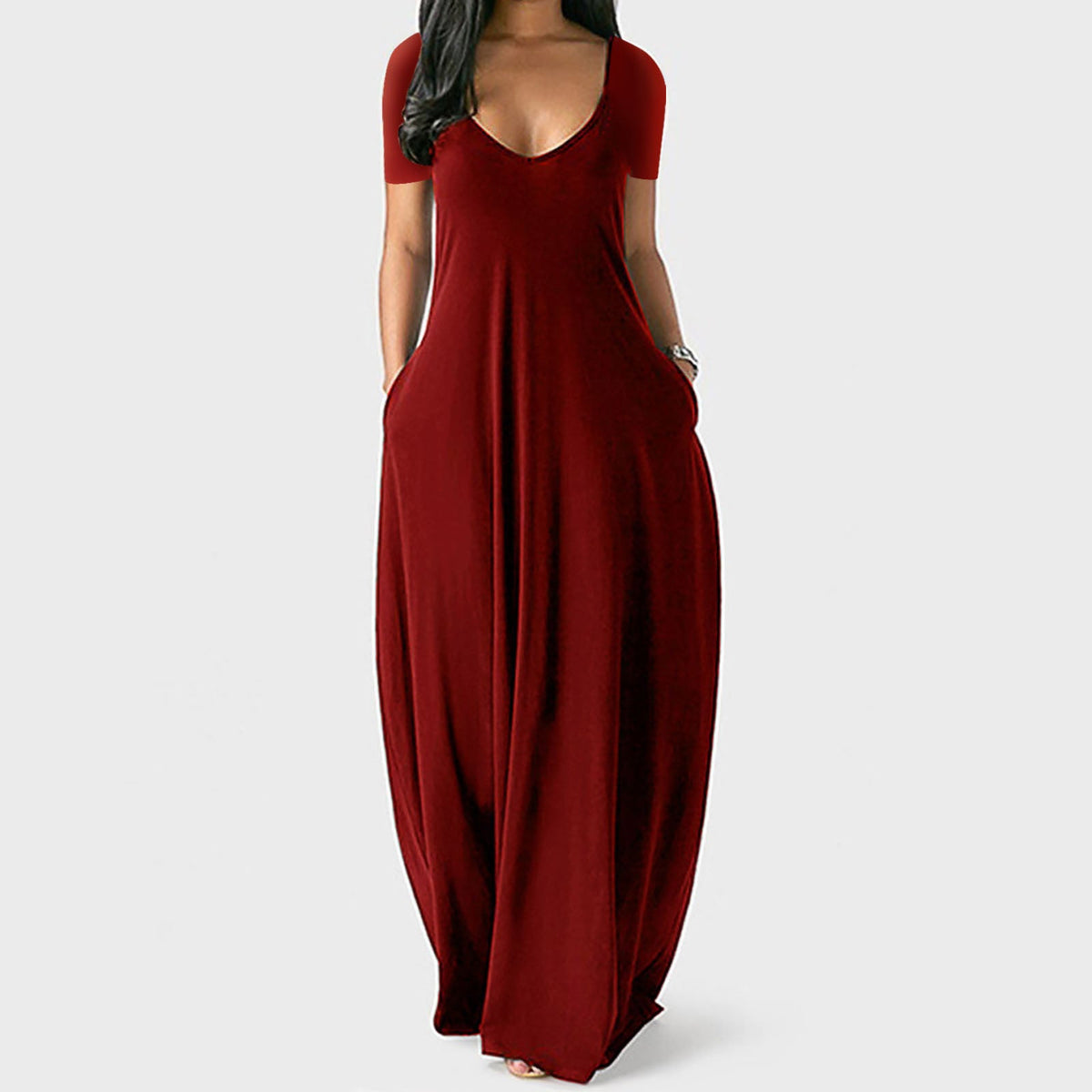 Emilie's Boutique ™  V-neck short-sleeved loose casual long dress
