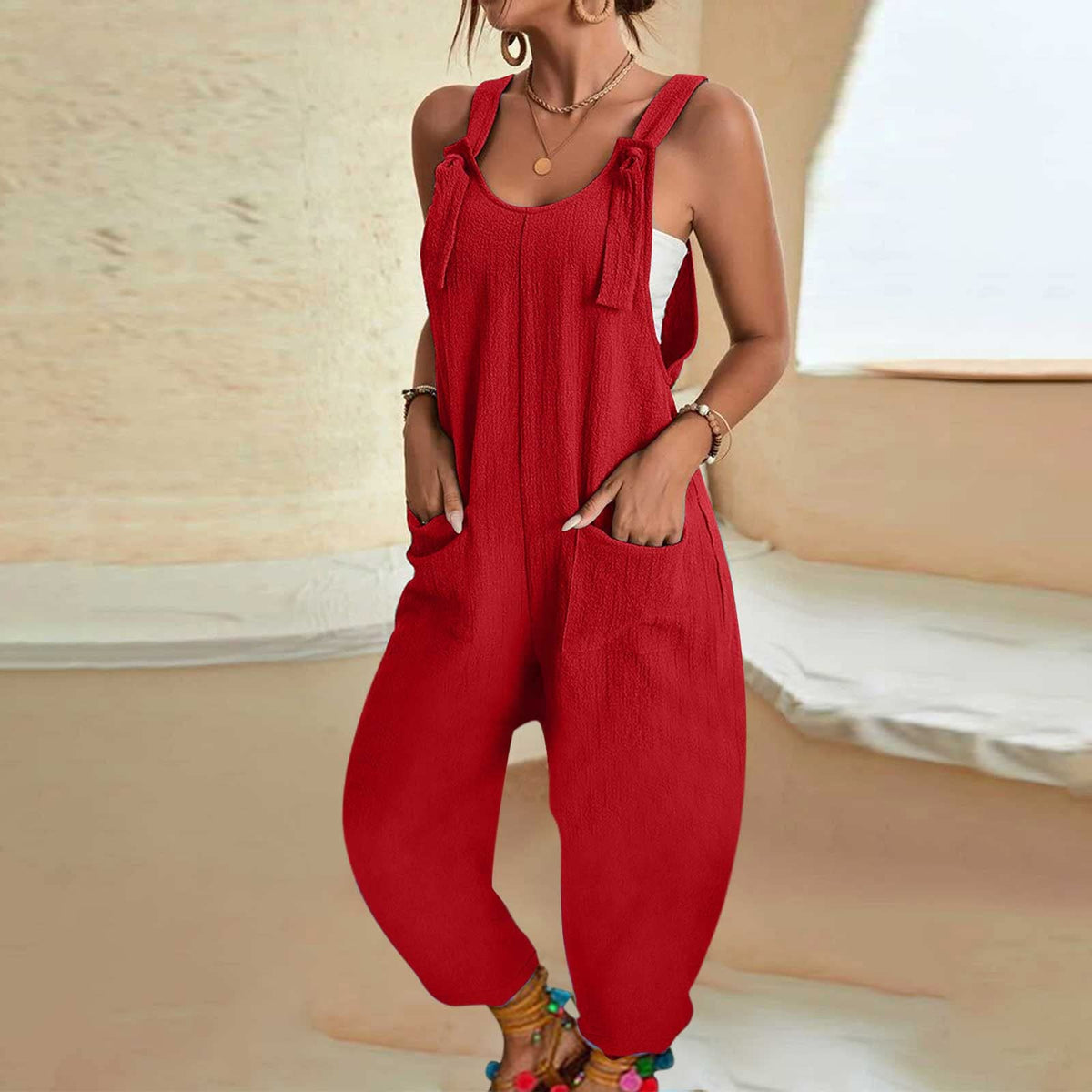 Emilie's Boutique ™ Lace-up loose sleeveless overalls