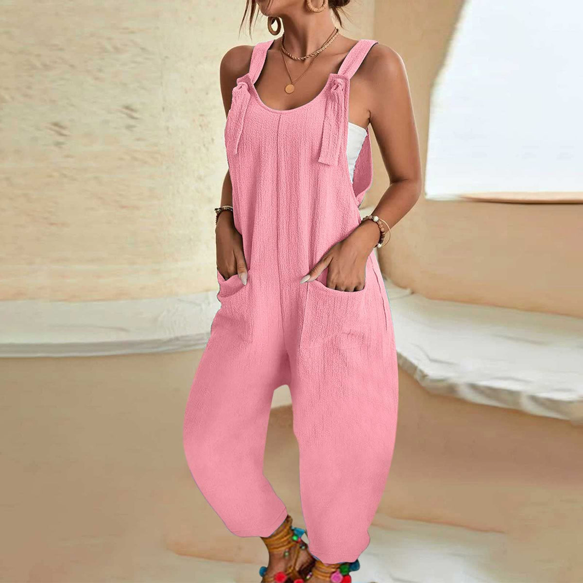 Emilie's Boutique ™ Lace-up loose sleeveless overalls