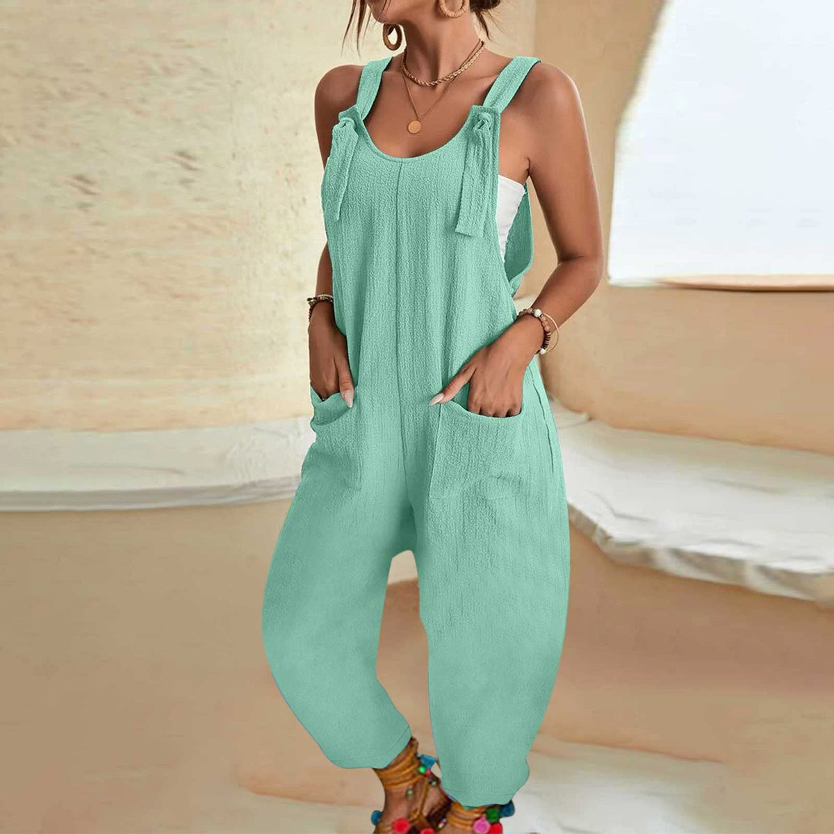 Emilie's Boutique ™ Lace-up loose sleeveless overalls