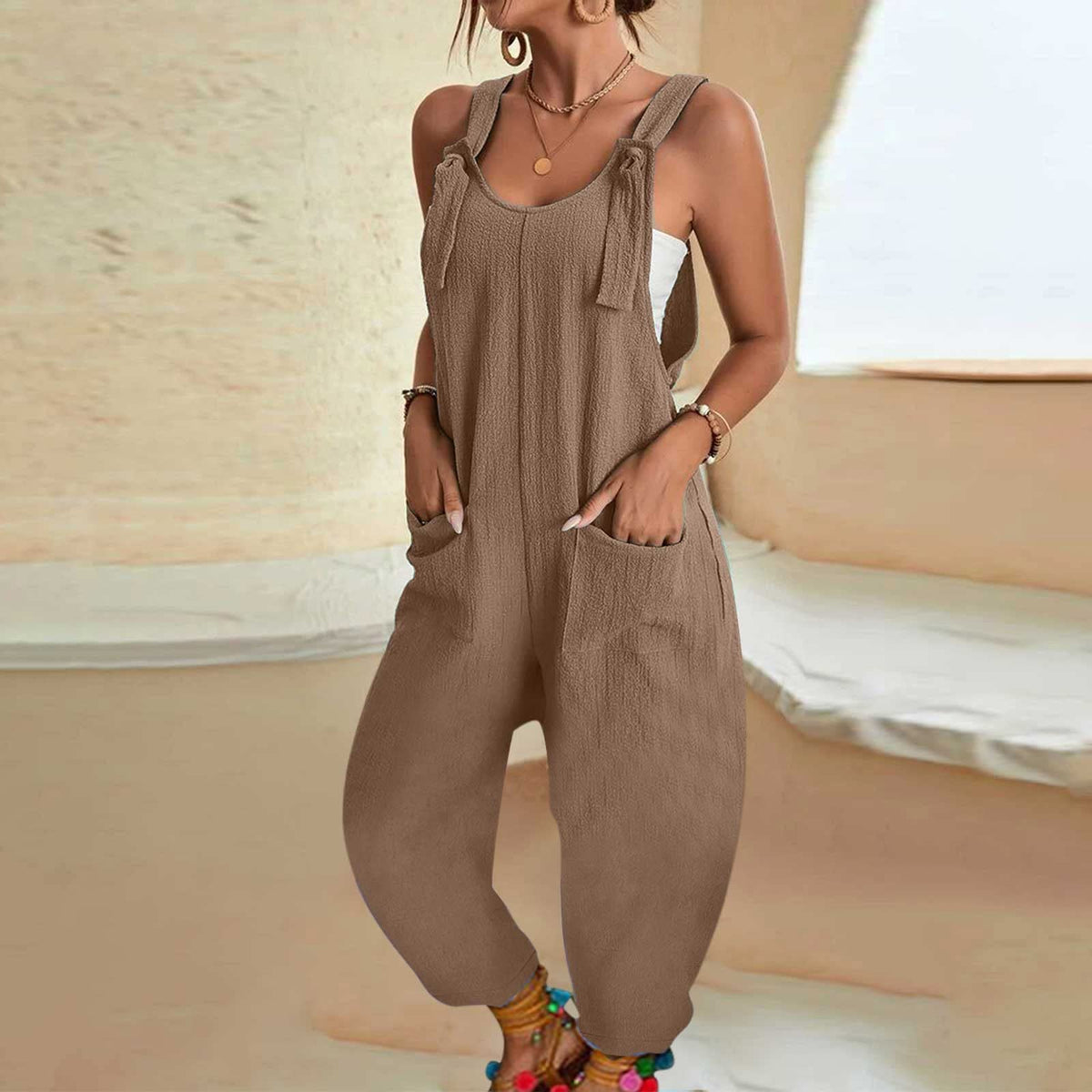 Emilie's Boutique ™ Lace-up loose sleeveless overalls