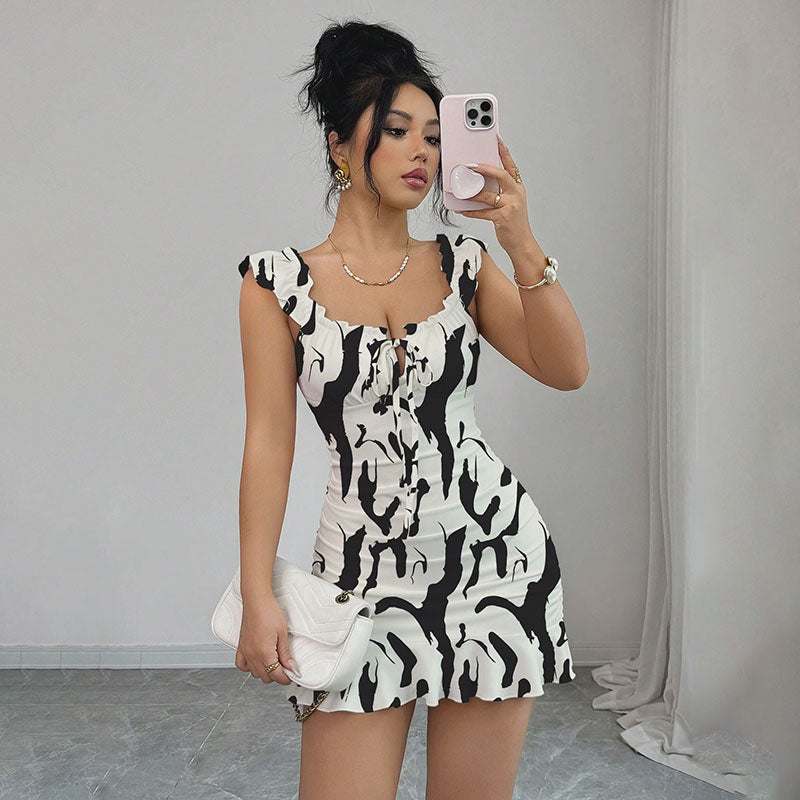 Emilie's Boutique ™  Front-Lace-Up Ruffled Waist-Cinched Slim-Fit Dress