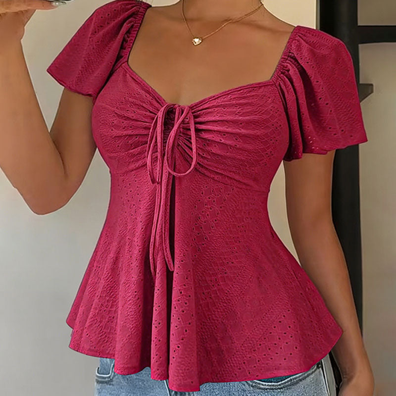 Emilie's Boutique ™ V-neck cut-out embroidered peplum top