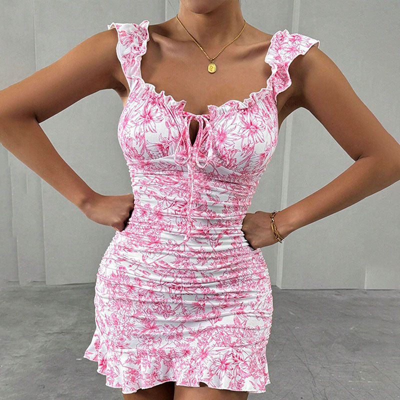 Emilie's Boutique ™  Front-Lace-Up Ruffled Waist-Cinched Slim-Fit Dress