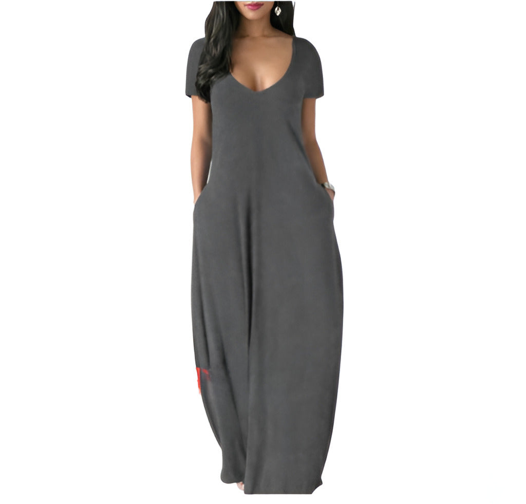 Emilie's Boutique ™  V-neck short-sleeved loose casual long dress