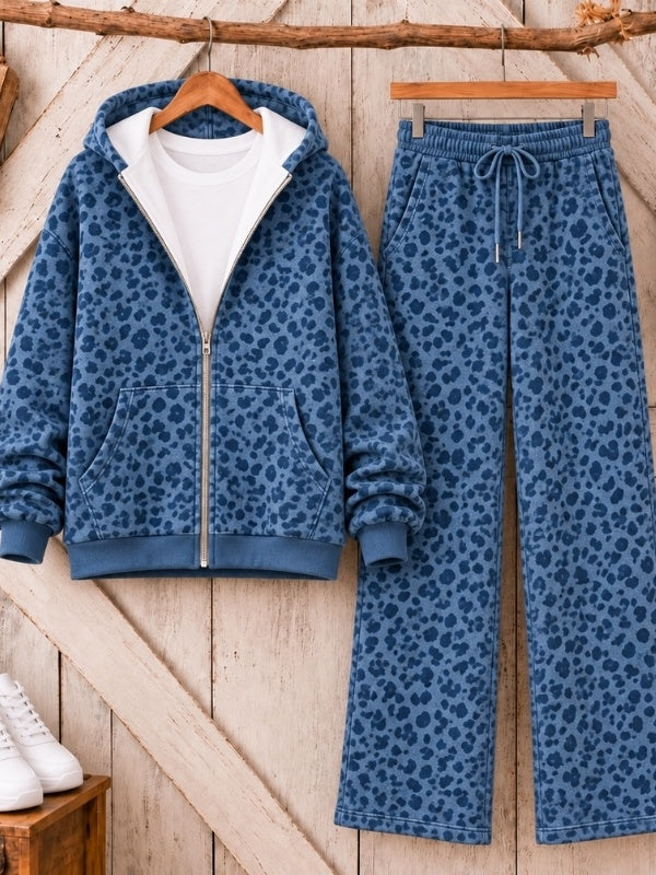 Blue Leopard Print Zip Up Hoodie Set