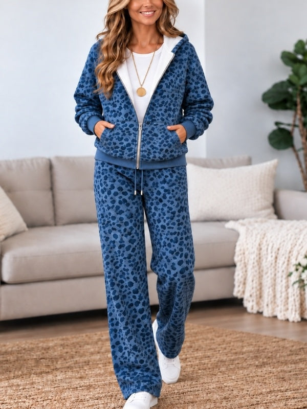 Blue Leopard Print Zip Up Hoodie Set