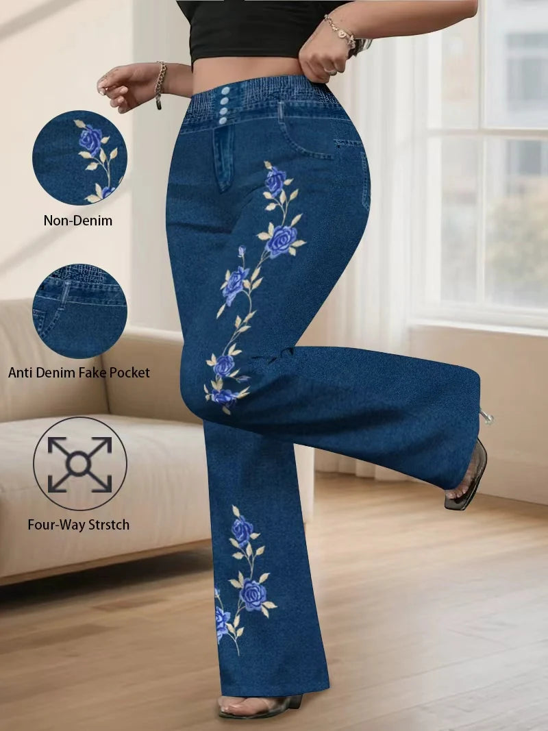 Elegante rozenprint flare broek plus size, hoge taille faux denim bell bottoms, vintage chique stretchbroek voor vrouwen met een rondere figuur