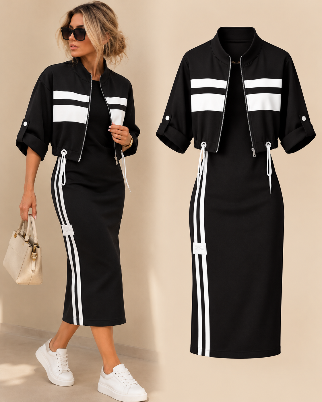Women's Stand Collar Jacket & Dress Set