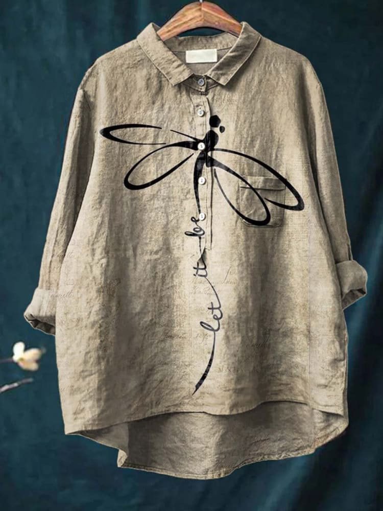 Emilie's Boutique ™ Let It Be Dragonfly Art Pattern Print Casual Cotton And Linen Shirt
