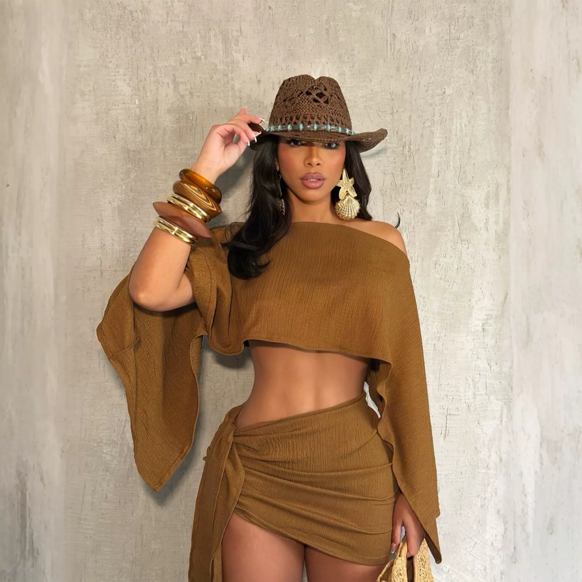 Emilie's Boutique ™ Textured One Shoulder Crop Top & Mini Skirt Set