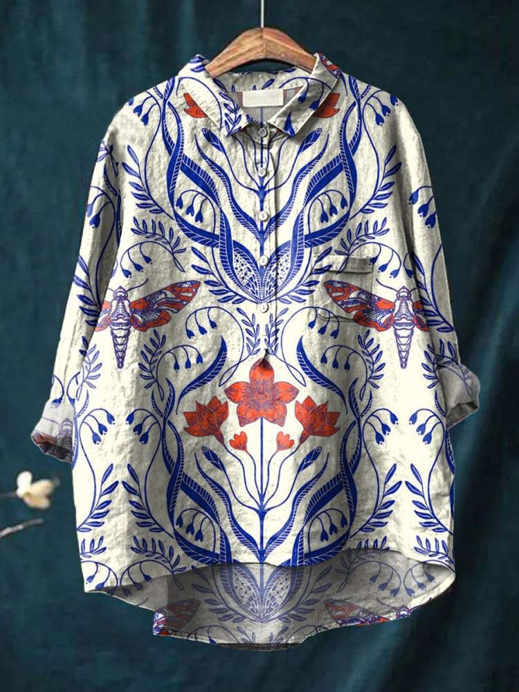 Emilie's Boutique ™ Blue Floral Pattern and Red Flower Print Casual Cotton And Linen Shirt