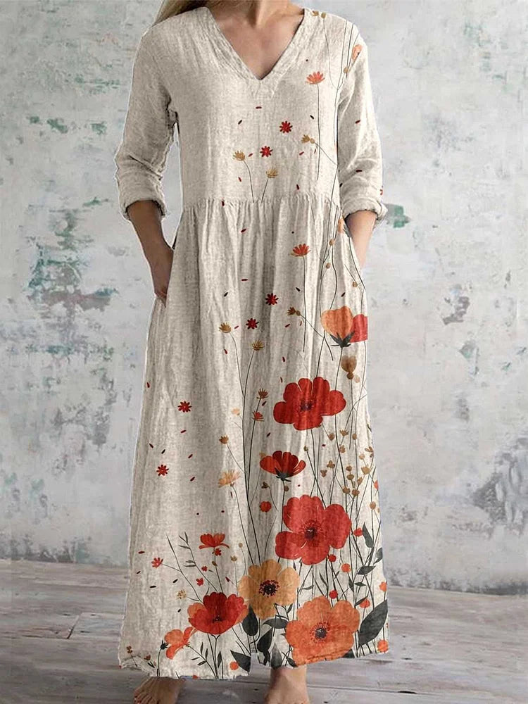Emilie's Boutique ™ Elegant Floral V-Neck Cotton Linen Dress