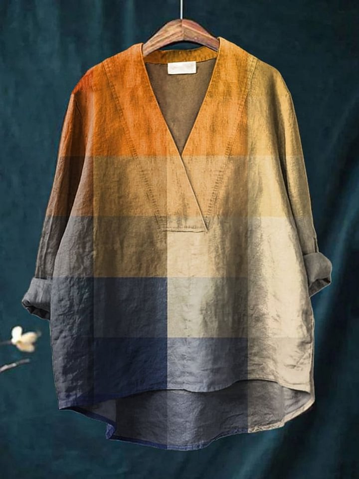 Emilie's Boutique ™ Blue Orange Gradient Plaid Mosaic Art Print Casual Cotton And Linen V-neck Shirt
