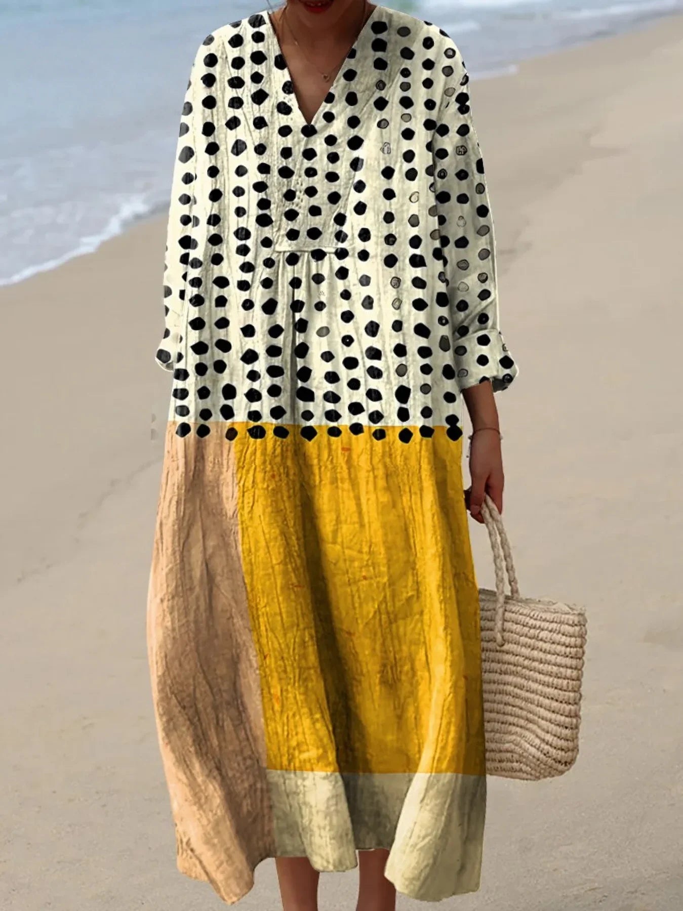 Emilie's Boutique ™ Yellow Color-blocked Dots Art Watercolor Splash Fluid Art Print Flowy Dress