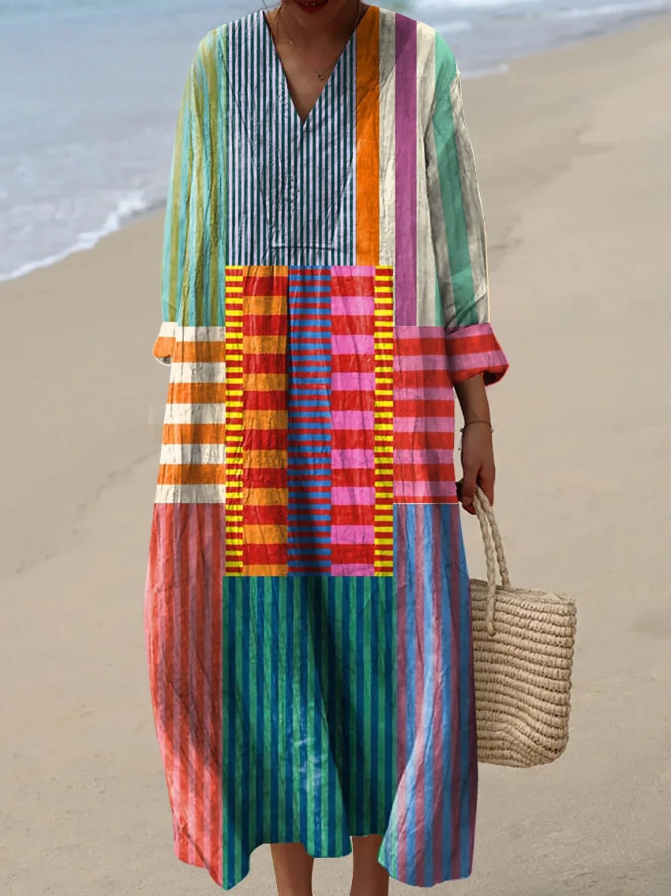 Emilie's Boutique ™ Vintage Geometric Pattern Art Print Cotton Linen Dress