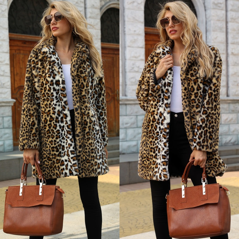 Emilie's Boutique ™  Leopard Print Warm Faux Fur Mid-Length Coat