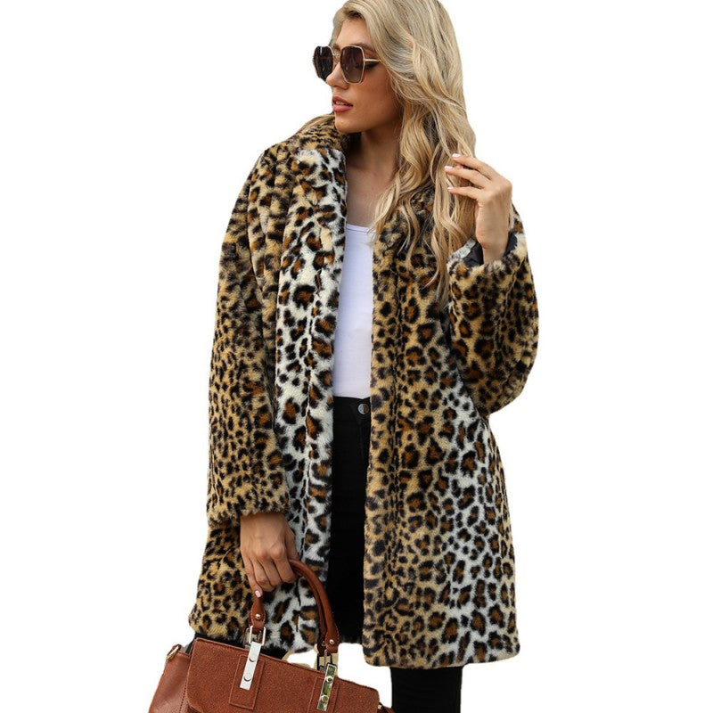 Emilie's Boutique ™  Leopard Print Warm Faux Fur Mid-Length Coat